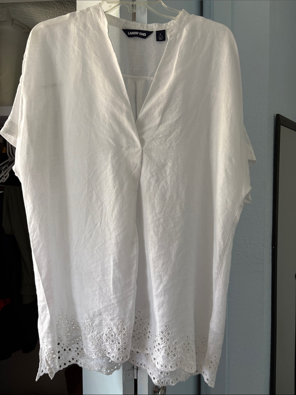 Lands' End White Linen Eyelet-Hem V-Neck Tunic